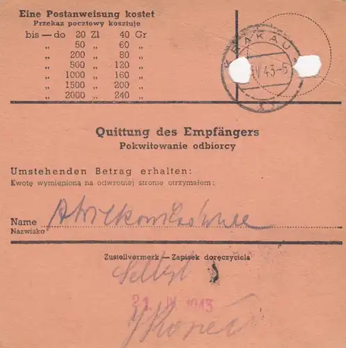 GG Postanweisung Warschau-Krakau, DP Ost 4, EF portogerecht