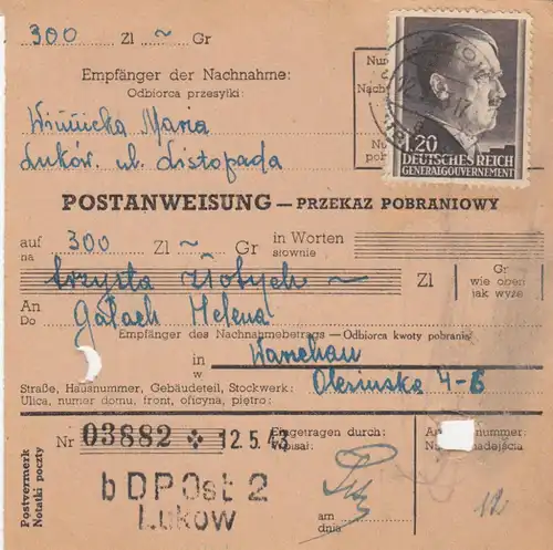 GG Postanweisung Lukow nach Warschau, DP Ost 2, EF portogerecht, Briefträgerstp.