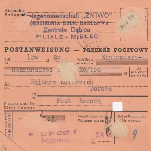 GG Postanweisung Mielec-Borowa, DP Ost 1, MiF, portogerecht, Postagentur