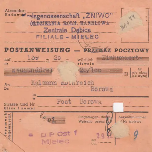 GG Postanweisung Mielec-Borowa, DP Ost 1, MiF, portogerecht, Postagentur