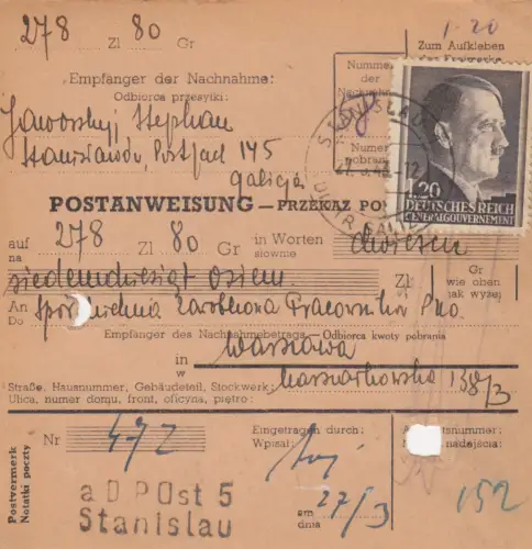 GG Postanweisung Stanislau-Warschau, DP Ost 5, EF, portogerecht