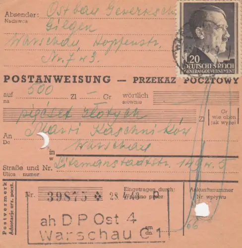 GG Postanweisung Ostbahn Warschau, DP Ost 4, EF, portogerecht