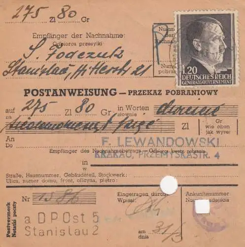 GG mandat postal Stanislau-Krakau, DP Est 5, EF, portofach