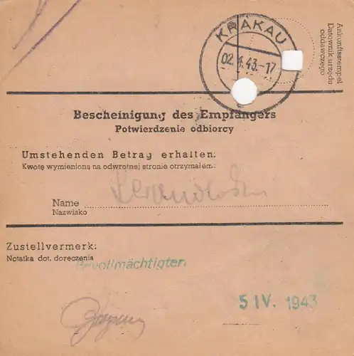 GG Postanweisung Stanislau-Krakau, DP Ost 5, EF, portogerecht