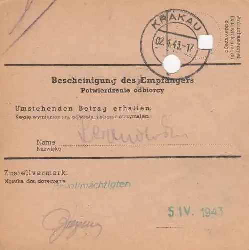 GG Postanweisung Stanislau-Krakau, DP Ost 5, EF, portogerecht