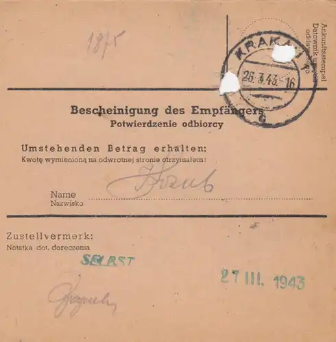 GG Postanweisung Kalusz-Krakau, DP Ost 5, EF, portogerecht