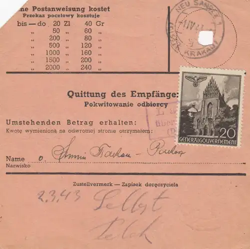 GG Postanweisung Komarno-Rostoka Welyka, DP Ost 5, MiF, portogerecht