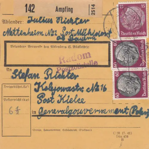 GG DR-GG: Paketkarte Ampfing nach Kielce - Radom Postzollstelle !!!