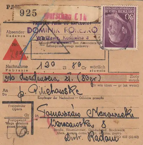 GG: Inlandspaketkarte Nachnahme Warschau nach Tomaszow, MeF MiNr. 79