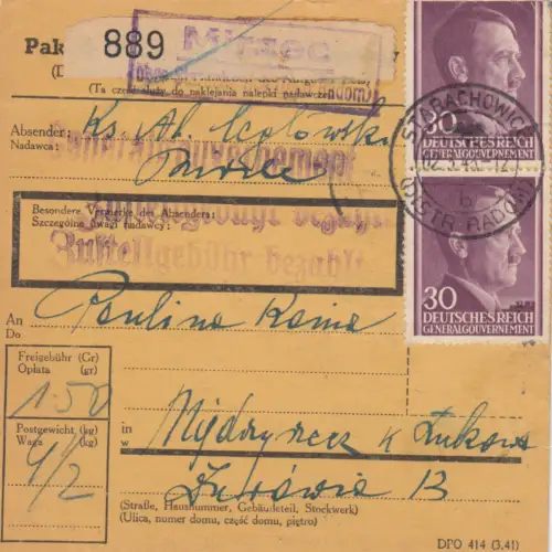 GG: Carte de colis intérieur Mirzec, blanc PNZ vers Miedzyrzek Podlaski, MeF