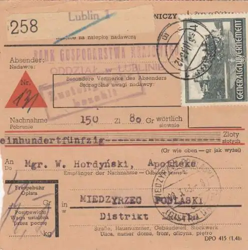 GG: carte de paquet intérieur, Lublin - Miedzyrzec, réduction, EF rare via 4 zloty