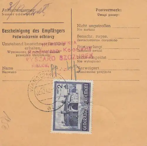 GG: Carte de paquet intérieur de valeur, Varsovie - Kielce, Achat, MeF Mi Nr. 63 - 2 Zloty