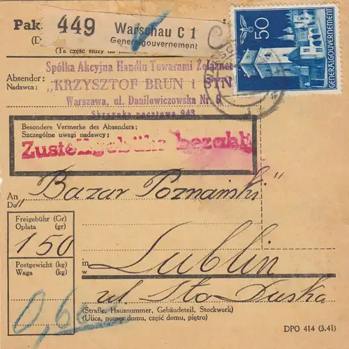 GG: Inlandspaketkarte Warschau nach Lublin, MeF