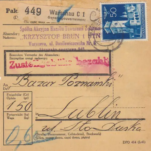 GG: Inlandspaketkarte Warschau nach Lublin, MeF