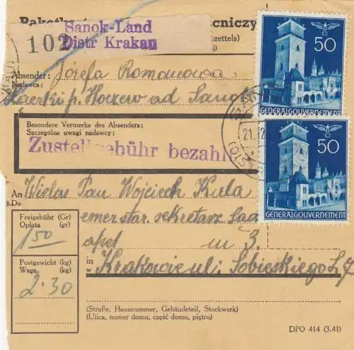 GG: Carte de colis intérieur Sanok-Land vers Cracovie, MeF 50Gr