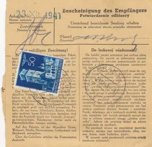 GG: Carte de colis intérieur Sanok-Land vers Cracovie, MeF 50Gr