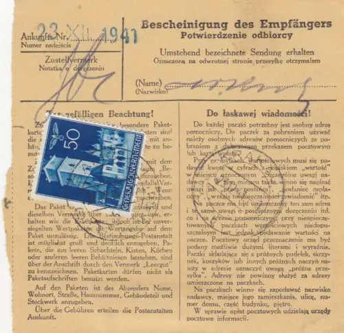 GG: Carte de colis intérieur Sanok-Land vers Cracovie, MeF 50Gr