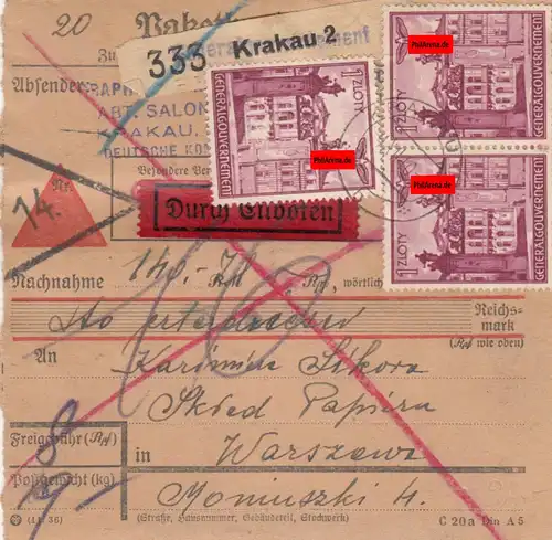 GG: carte de paquet intérieur Cracovie-Varsovie, très rare 1 Zloty MeF, eilboten, 19kg