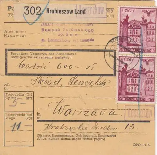 GG: Carte de colis intérieur Hrubieszow - Varsovie, très rare 1 Zloty MeF