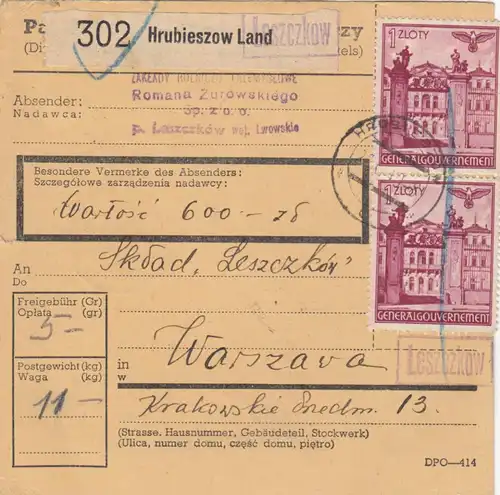 GG: Inlandspaketkarte Hrubieszow - Warschau, sehr seltene 1 Zloty MeF