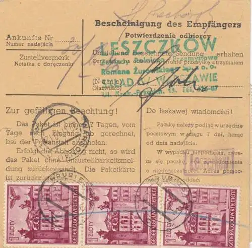 GG: Carte de colis intérieur Hrubieszow - Varsovie, très rare 1 Zloty MeF