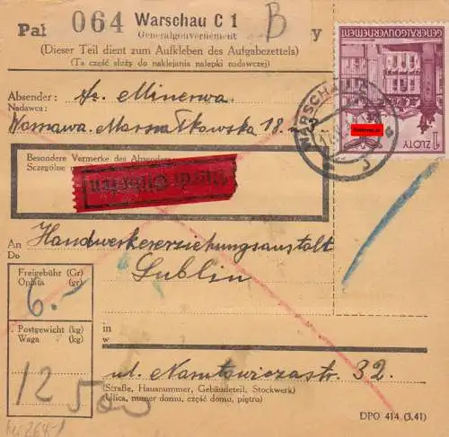 GG: carte de colis intérieur Varsovie-Lublin, éilbots, très rare 1 Zloty MeF