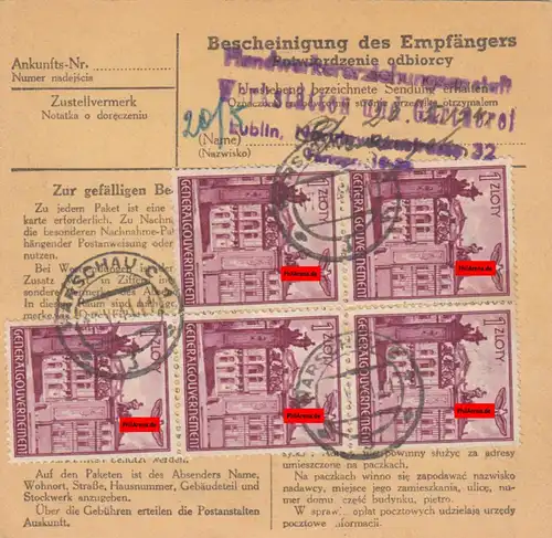 GG: Inlandspaketkarte Warschau-Lublin, Eilboten, sehr seltene 1 Zloty MeF
