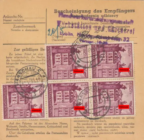 GG: carte de colis intérieur Varsovie-Lublin, éilbots, très rare 1 Zloty MeF