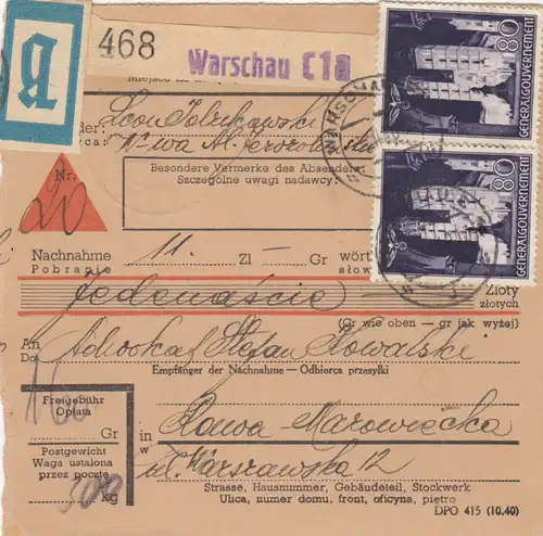 GG: Inlandspaketkarte Warschau als Nachnahme/Beutel nach Rawa Maz., MeF 80Gr.