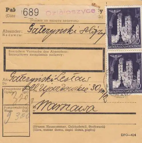 GG: Carte de colis intérieur Dzioloszyce vers Varsovie, MeF de la 80Gr