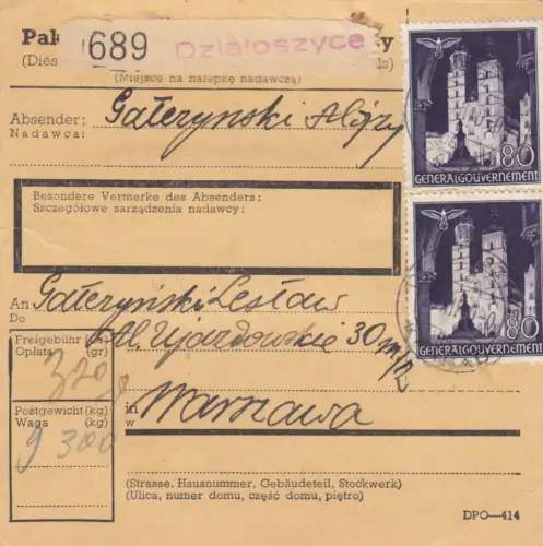 GG: Carte de colis intérieur Dzioloszyce vers Varsovie, MeF de la 80Gr