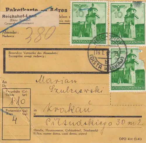 GG: Inlandspaketkarte Reichshof-Krakau, Massenfrankatur MeF 10Gr, Bug