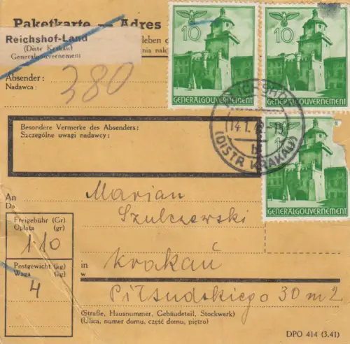 GG: Inlandspaketkarte Reichshof-Krakau, Massenfrankatur MeF 10Gr, Bug