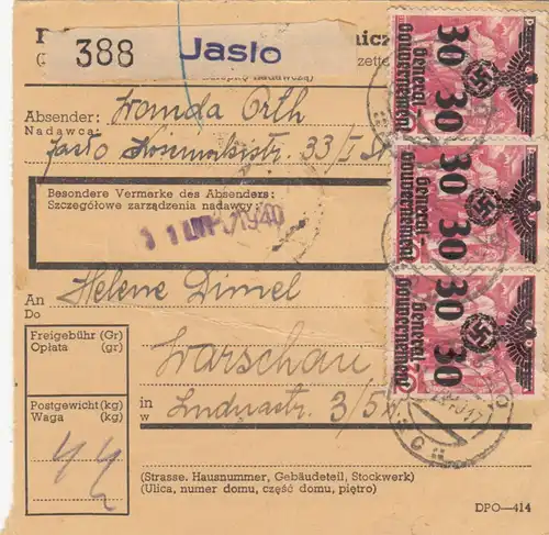 GG: Inlandspaketkarte Jaslo nach Warschau, MeF 30 Gr.