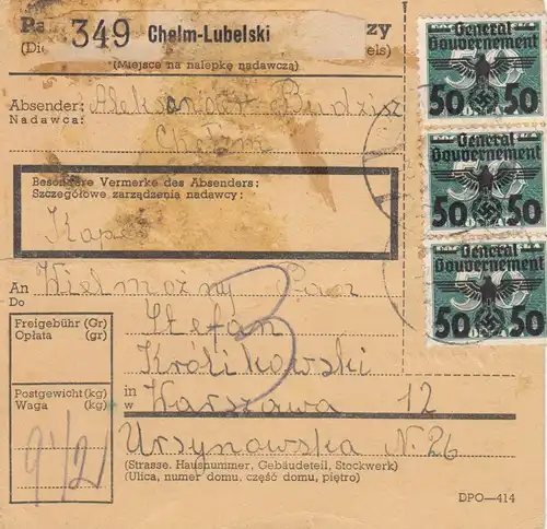 GG: Inlandspaketkarte Chelm-Lubelski, seltene MiF #38