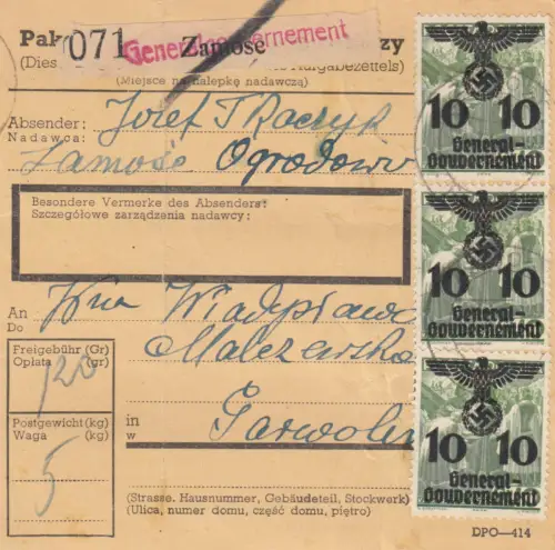 GG: Carte de paquet intérieur Zamosc-Garwolin, MeF 10 Gr, Bug