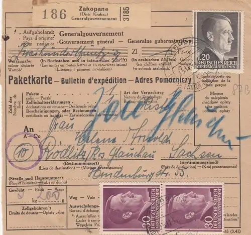 GG: Carte de paquets internationaux Zakopane vers Rödlitz, Mi Nr. 87B, MIF