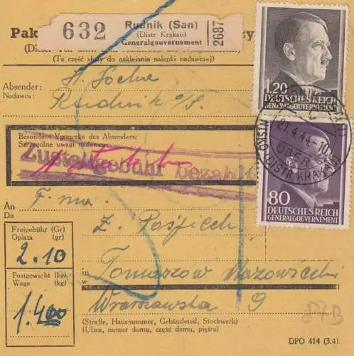 GG: Carte de colis intérieur Rudnik vers Tomaszow, Min. 87B, MiF