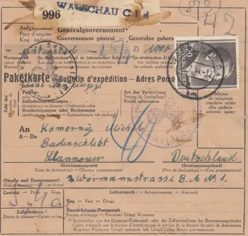 GG: Carte colis international Mi Nr. 87B EF !!!, Varsovie - Hanovre, Déchirure