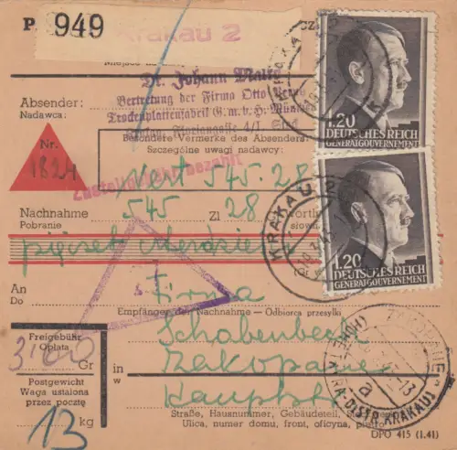 GG: Inlandspaketkarte Nachnahme Krakau - Zakopane, MeF 87A