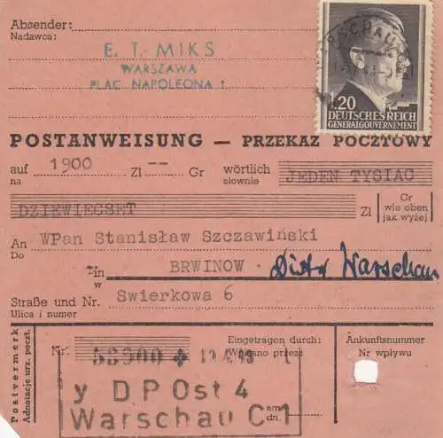 GG: Postanweisung Warschau - Brwinow, DP Ost 4, MeF MiNr. 87A