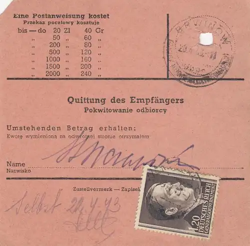 GG: Postanweisung Warschau - Brwinow, DP Ost 4, MeF MiNr. 87A