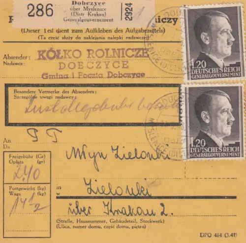 GG: Carte de colis intérieur Dobczyce par Zielonki, MeF Min° 87A