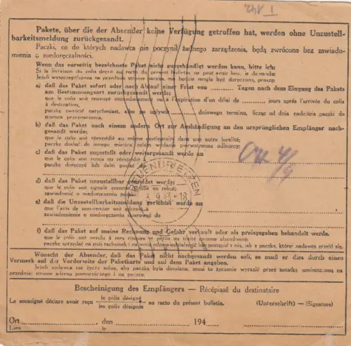 GG: Auslandspaketkarte Radomsko - Treuenbrietzen,  MiNr. 87A, MeF