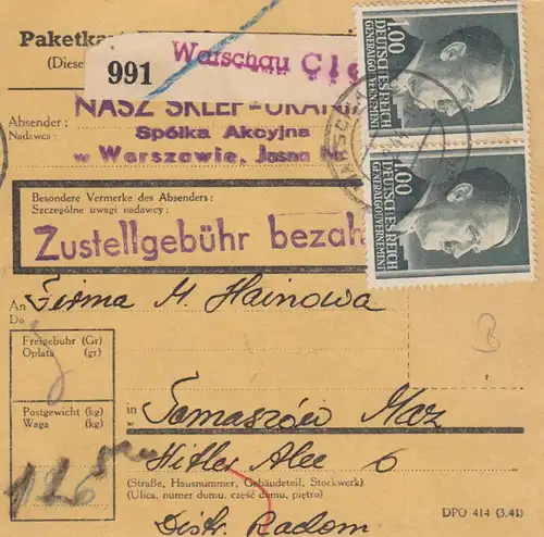 GG: Inlandspaketkarte Warschau - Tomaszow, MeF MiNr. 86B, selten