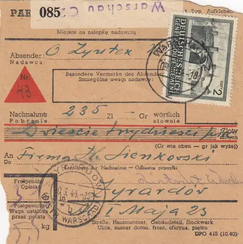 GG: Inlandspaketkarte Warschau Zyrardow, Nachnahme, MiNr. 86B MiF