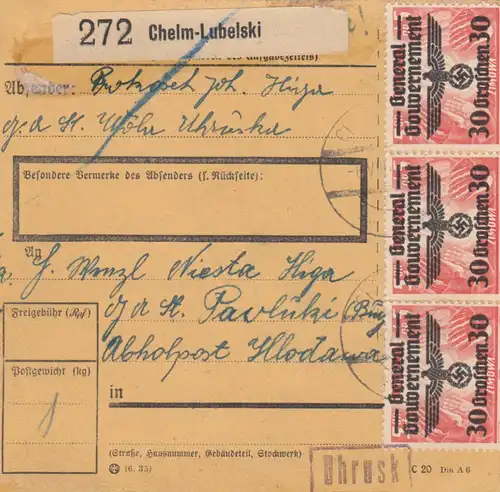 GG: Inlandspaketkarte Chelm-Uhrusk - Wlodawa, MeF 4x 30 Gr.