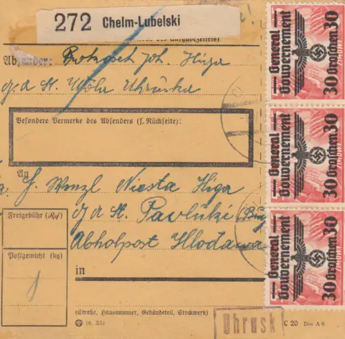 GG: Inlandspaketkarte Chelm-Uhrusk - Wlodawa, MeF 4x 30 Gr.