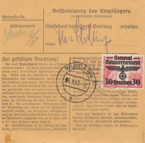 GG: Inlandspaketkarte Chelm-Uhrusk - Wlodawa, MeF 4x 30 Gr.