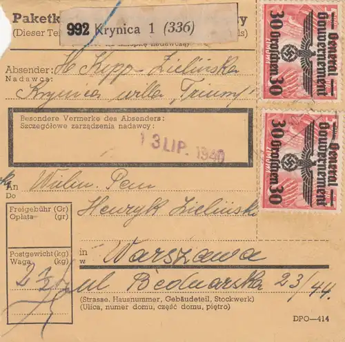 GG: Inlandspaketkarte Krynica-Warschau, MeF 4x 30 Gr., 1x abgefallen